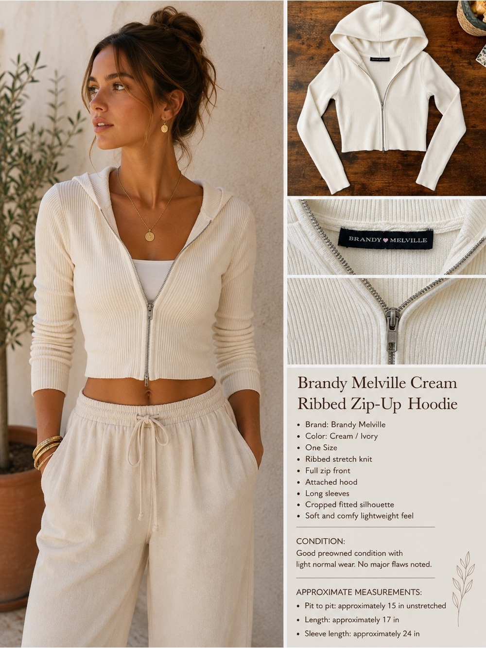 Brandy Melville Cream Ribbed Zip-Up Hoodie | Soft Girl Coastal Lounge Top